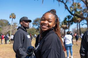 A young volunteer beams with joy while holding a bag, surrounded by fellow helpers at a sunny community cleanup day. photo