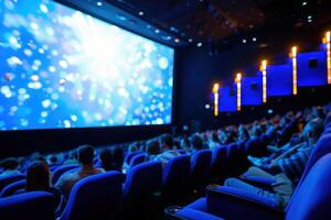 A captivated audience fills the plush seating of a dimly lit theater, immersed in a mesmerizing performance projected on a large screen. photo