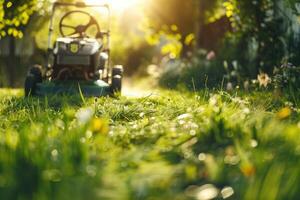 A lawnmower cuts through a lush green lawn, leaving a freshly cut path in its wake. Sunlight filters through the trees, casting a warm glow over the scene. photo