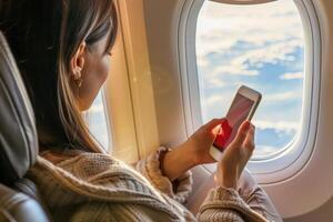 A passenger interacts with a mobile app, lost in conversation, gazing out at the breathtaking sky during a serene flight. photo