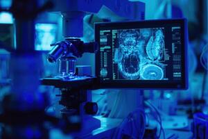 A futuristic laboratory illuminated by a cool blue light. A microscope sits in the foreground, while a computer screen displays a detailed scan of a human brain, hinting at advanced medical research. photo