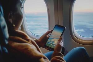 A traveler sits comfortably by the window, engrossed in a mobile app, admiring the beautiful clouds below during the journey. photo