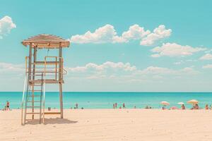 A lifeguard tower stands tall on a pristine sandy beach, overlooking a sparkling blue ocean. The sky is bright with fluffy white clouds. People relax on the shore, enjoying a day in the sun. photo