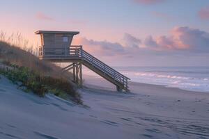 A lifeguard stand stands alone on a deserted beach at dawn, with the pink and blue sky reflecting in the waves. photo