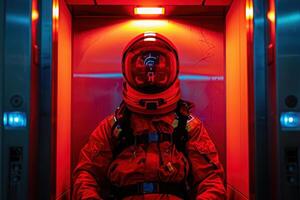 A solitary technician in red sits in a crimson-lit elevator, surrounded by mysterious glowing walls photo