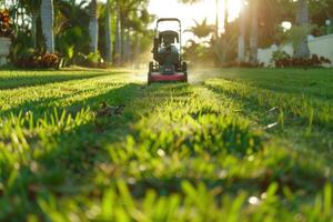 A lawnmower cuts through the lush green grass of a backyard, leaving behind a freshly cut path. The sun shines brightly, casting long shadows from nearby palm trees. photo