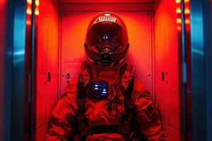 A maintenance technician wearing a red jumpsuit and a helmet sits in an elevator illuminated by red lights. photo