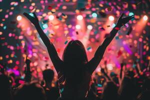 Amidst a lively crowd, a woman joyfully raises her arms while colorful confetti flutters down, celebrating the festive atmosphere of the night. photo