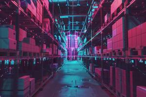 A warehouse filled with rows of neatly stacked boxes, bathed in vibrant blue and pink neon light. photo