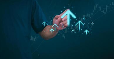 Planning and strategy, stock market, business growth, progress or success concept, businessman or trader showing growing virtual holographic stocks, invest in stock market trading or digital assets photo