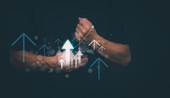 Planning and strategy, stock market, business growth, progress or success concept, businessman or trader showing growing virtual holographic stocks, invest in stock market trading or digital assets photo