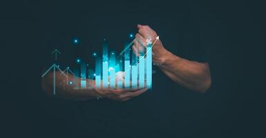 Planning and strategy, stock market, business growth, progress or success concept, businessman or trader showing growing virtual holographic stocks, invest in stock market trading or digital assets photo