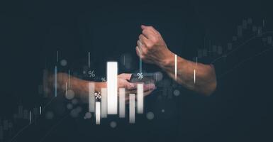Planning and strategy, stock market, business growth, progress or success concept, businessman or trader showing growing virtual holographic stocks, invest in stock market trading or digital assets photo