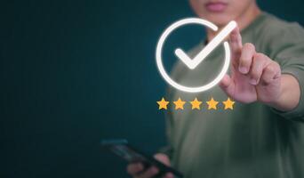 Customer services best excellent business rating experience. Satisfaction survey concept. user gives ratings to service experience on the online application, online marketing, and business processes. photo