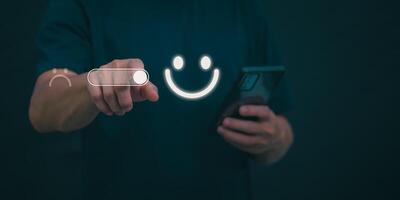 Customer services best excellent business rating experience. Satisfaction survey concept. user gives ratings to service experience on the online application, online marketing, and business processes. photo