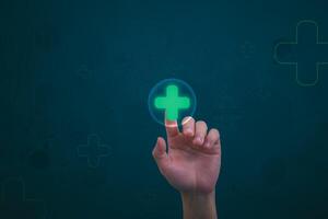 Businessman showing a symbol or icon related to health insurance or healthcare. Concepts for developing and accessing care anywhere, anytime, doing business related to the hospital business photo