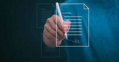 The person signing an electronic document on a smartphone, management concept, digital transformation Internet of Things, Big Data and Business Processes, Automated Operations, Data Storage photo