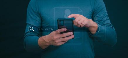 Information data search technology, search optimization, male hand using jobs search, using the search bar function on your website, big data, automatic operation photo