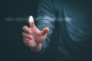 Information data search technology, search optimization, male hand using voice search, using the search bar function on your website, big data, automatic operation photo