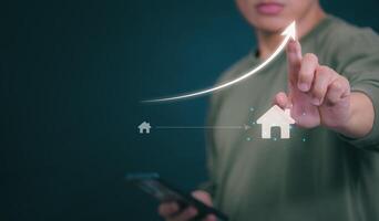 Planning and strategy, stock market, business growth, progress or success concept, businessman or trader showing real estate stock Virtual holograms, invest in stock market trading or digital assets. photo