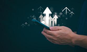 Planning and strategy, stock market, business growth, progress or success concept, businessman or trader showing growing virtual holographic stocks, invest in stock market trading or digital assets photo