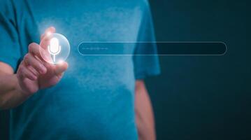 Information data search technology, search optimization, male hand using voice search, using the search bar function on your website, big data, automatic operation photo