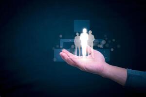 Businessman showing the linkage of organizational structure with effective management and have leadership in team building, human resource management concepts, strategic goals for business growth photo