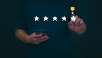 Customer services best excellent business rating experience. Satisfaction survey concept. user gives ratings to service experience on the online application, online marketing, and business processes. photo