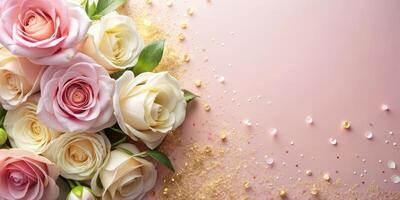 Pastel greeting card with pink and white roses photo