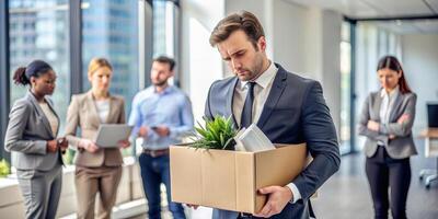 A sad male employee is holding a box of belongings in their office after a job departure photo