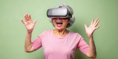 Senior Asian woman experiencing virtual reality with joyful expression photo