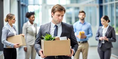 A sad male employee is holding a box of belongings in their office after a job departure photo