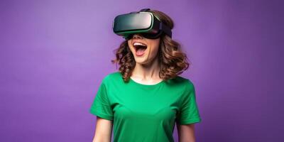 Teenager caucasian girl experiencing virtual reality with joyful expression photo