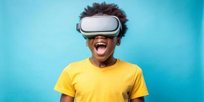 Teenager black boy experiencing virtual reality with joyful expression photo