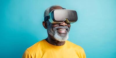 Senior man experiencing virtual reality with joyful expression photo