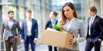A sad employee is holding a box of belongings in their office after a job departure photo
