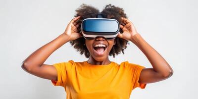 Teenager black girl experiencing virtual reality with joyful expression photo