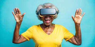 Senior woman experiencing virtual reality with joyful expression photo