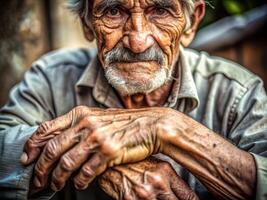 Portrait of an elderly man with wrinkled skin and a contemplative gaze photo