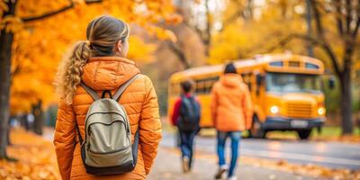 A teenager is standing by the roadside, waiting for the school bus on a beautiful autumn day photo