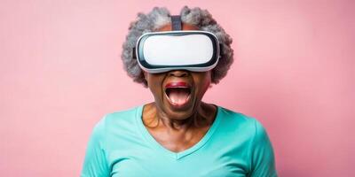 Senior woman experiencing virtual reality with joyful expression photo