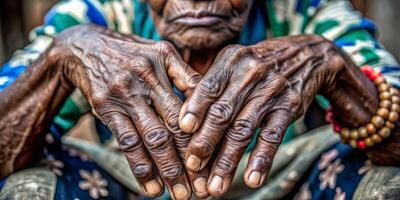 Hands of elderly woman with wrinkled skin and a contemplative gaze photo