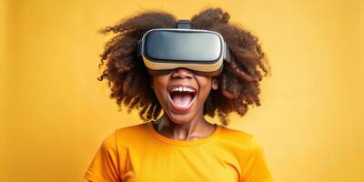 Teenager black girl experiencing virtual reality with joyful expression photo