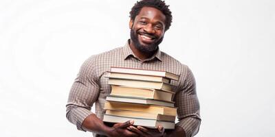 A smiling black man is holding a stack of books against a white background photo