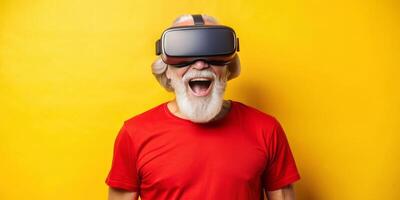 Senior man experiencing virtual reality with joyful expression photo