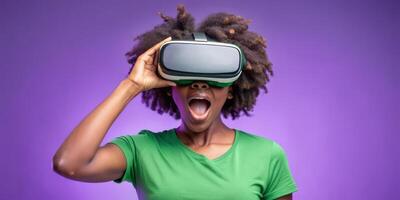 Teenager black girl experiencing virtual reality with joyful expression photo