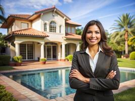 Hispanic smiling female broker in front of the house photo