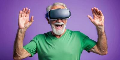 Senior man experiencing virtual reality with joyful expression photo