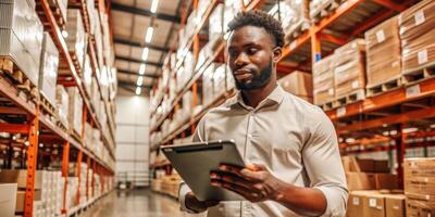 A Warehouse Manager effectively manages inventory using a tablet for control photo