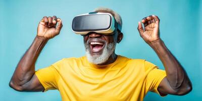 Senior man experiencing virtual reality with joyful expression photo